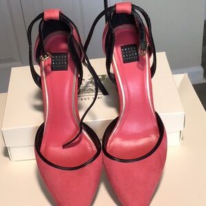 White House Black Market Pink Suede Pointed Toe Ankle Tie Heels